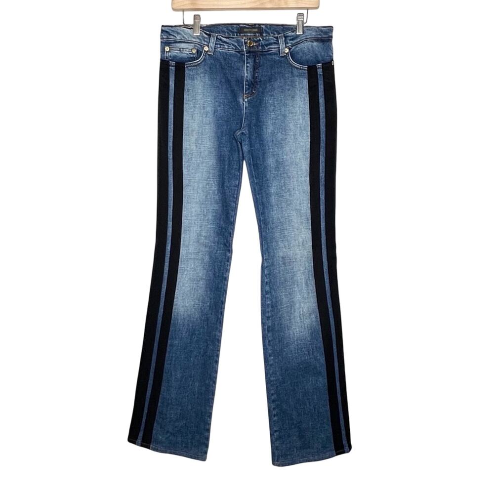 Roberto Cavalli Blue Denim Flare Jeans with Black Side Stripes